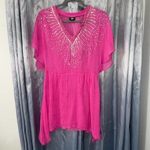H&M Bright Pink Sequin Beaded Swim Coverup / Sheer Dress V Neck Frilly Sz 8